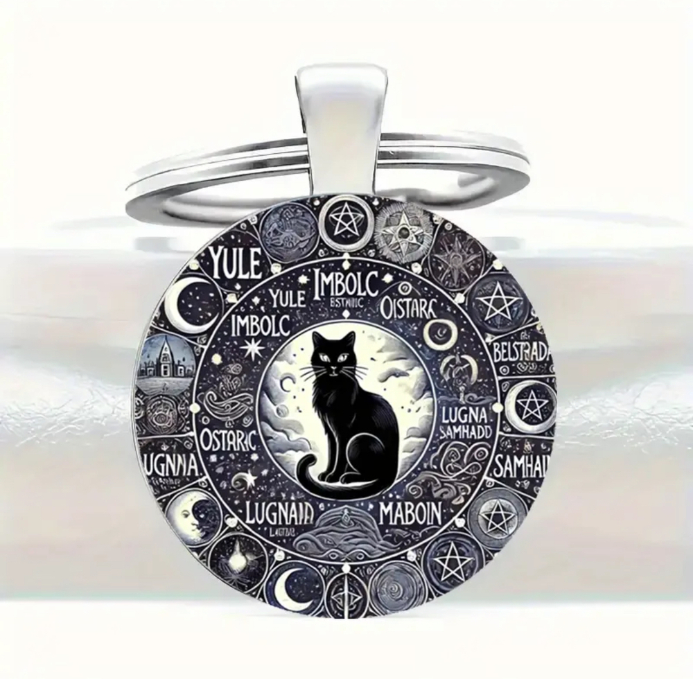 3/$25 Wheel Of The Year Pagan Witchcraft Black Cat Keychain NEW